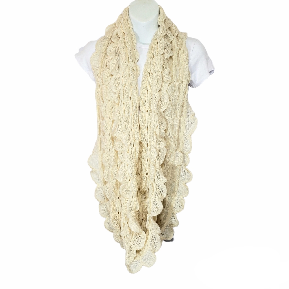 Cream Beige Ruffle Scallop Edge Infinity Scarf